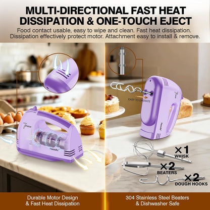Electric Handheld Mixer, 7-Speed Adjustable Kitchen Mixer, 5 Stainless Steel Accessories (2 * Dough Hooks, 2 * Beaters, 1 * Whisk), Perfect for Kitchen and Baking Food Mixers, Blue