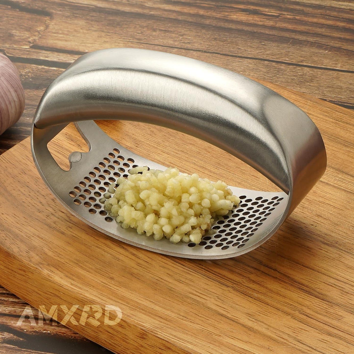 Stainless Steel Garlic Press Rocker & Silicone Peeler | Garlic Mincer Crusher Squeezer, Ergonomic Rocker, Kitchen Tool