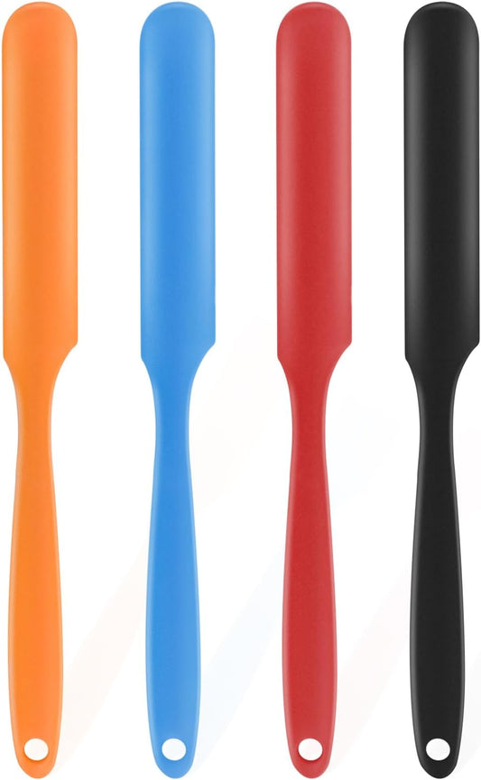 4-Pack Silicone Jar Spatula Set, Long Handle Nonstick Scraper Tools | Skinny Spatula for Peanut Butter, Jam, Cake Decorating and Containers. Ideal for Cake Icing