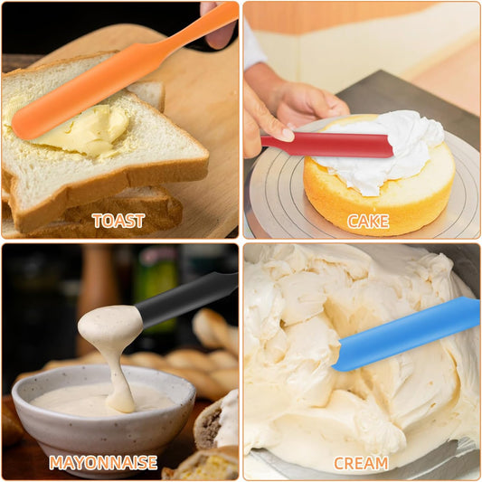 4-Pack Silicone Jar Spatula Set, Long Handle Nonstick Scraper Tools | Skinny Spatula for Peanut Butter, Jam, Cake Decorating and Containers. Ideal for Cake Icing