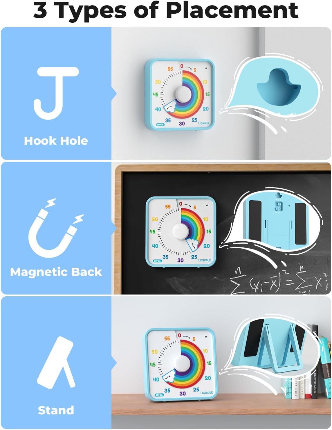 LIORQUE 7.5-Inch Large Visual Timer, 60-Minute Classroom Timer Magnetic | Non-Ticking, 3-level Volume, 3 Alarm Modes, Kids Countdown Timer for Classroom Kitchen Office ADHD, AA Batteries Included
