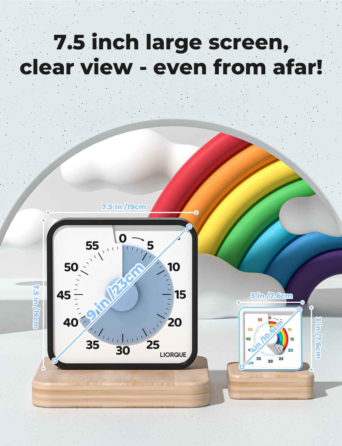 LIORQUE 7.5-Inch Large Visual Timer, 60-Minute Classroom Timer Magnetic | Non-Ticking, 3-level Volume, 3 Alarm Modes, Kids Countdown Timer for Classroom Kitchen Office ADHD, AA Batteries Included
