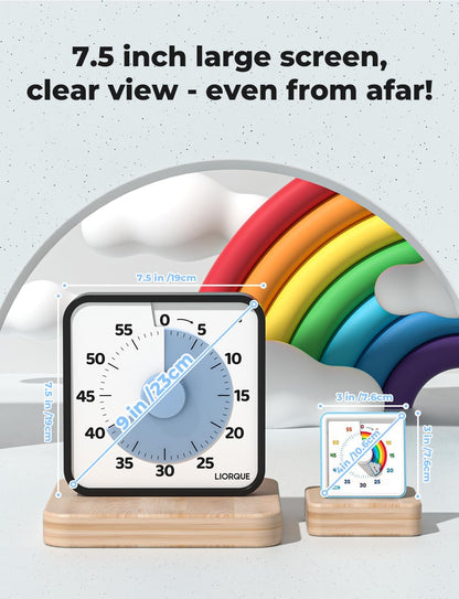 LIORQUE 7.5-Inch Large Visual Timer, 60-Minute Classroom Timer Magnetic | Non-Ticking, 3-level Volume, 3 Alarm Modes, Kids Countdown Timer for Classroom Kitchen Office ADHD, AA Batteries Included