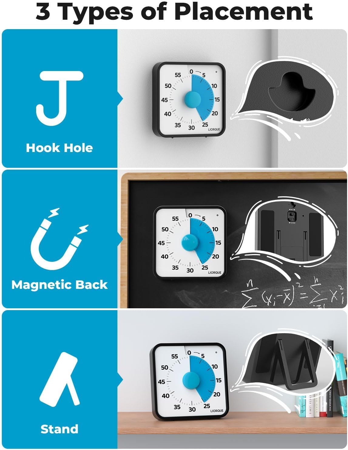 LIORQUE 7.5-Inch Large Visual Timer, 60-Minute Classroom Timer Magnetic | Non-Ticking, 3-level Volume, 3 Alarm Modes, Kids Countdown Timer for Classroom Kitchen Office ADHD, AA Batteries Included