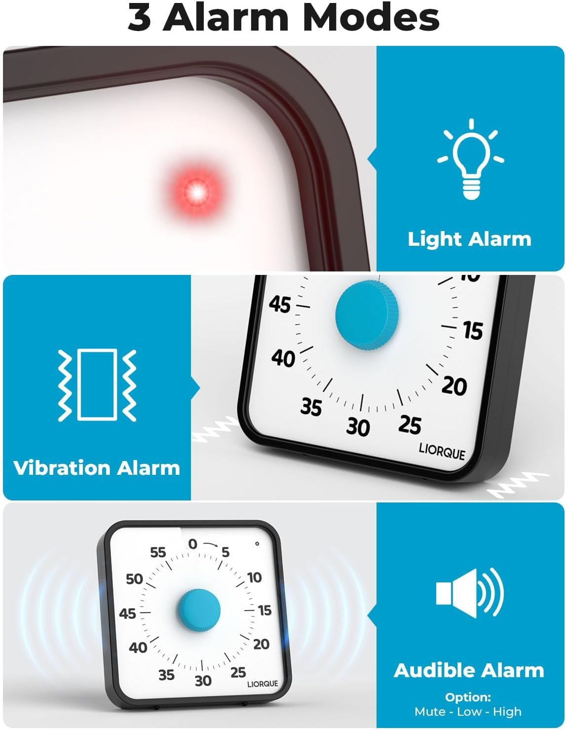 LIORQUE 7.5-Inch Large Visual Timer, 60-Minute Classroom Timer Magnetic | Non-Ticking, 3-level Volume, 3 Alarm Modes, Kids Countdown Timer for Classroom Kitchen Office ADHD, AA Batteries Included