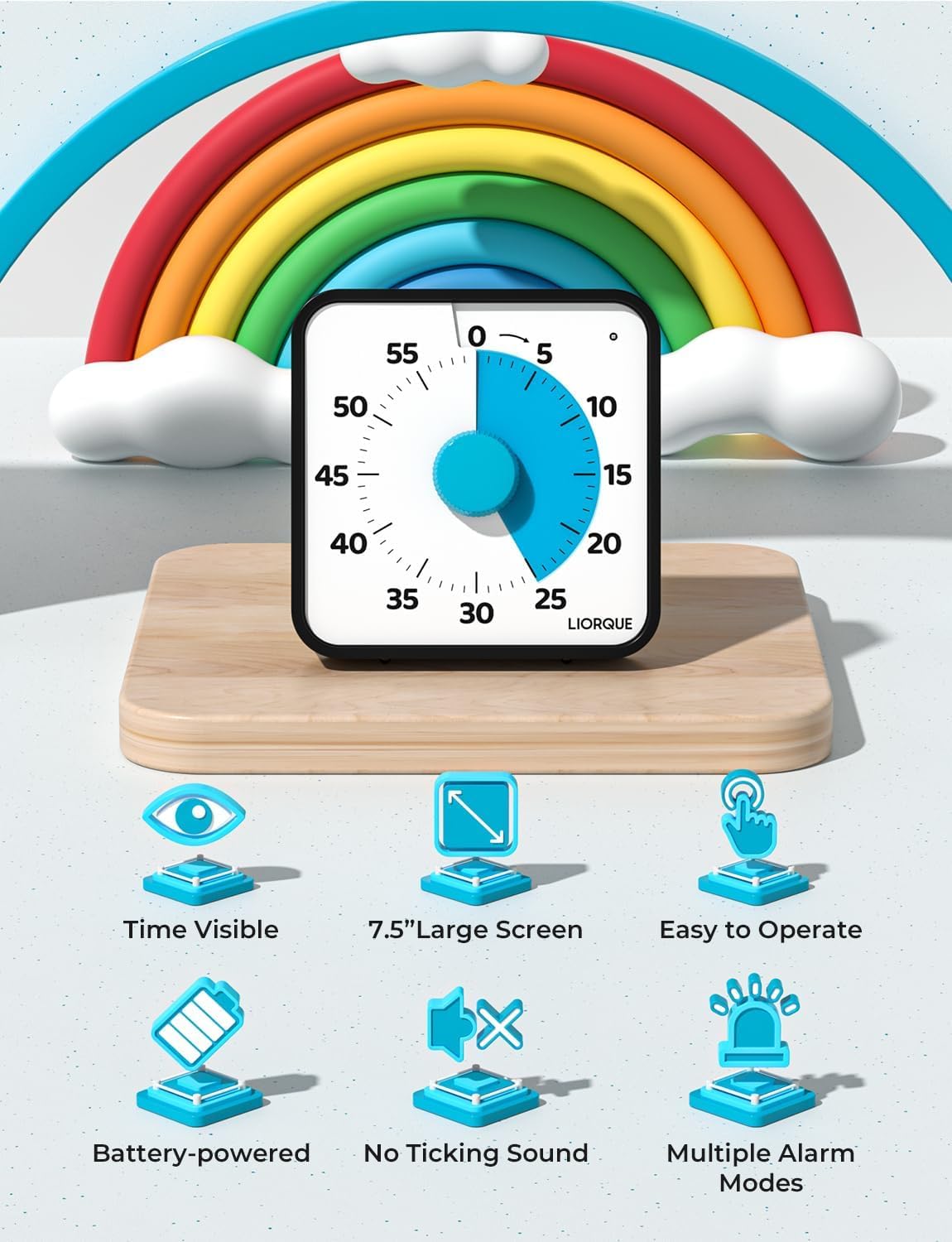 LIORQUE 7.5-Inch Large Visual Timer, 60-Minute Classroom Timer Magnetic | Non-Ticking, 3-level Volume, 3 Alarm Modes, Kids Countdown Timer for Classroom Kitchen Office ADHD, AA Batteries Included