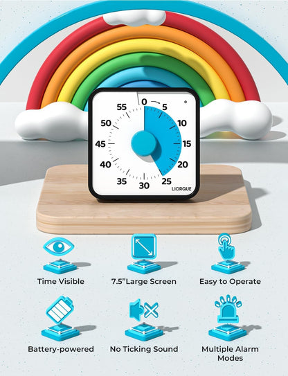 LIORQUE 7.5-Inch Large Visual Timer, 60-Minute Classroom Timer Magnetic | Non-Ticking, 3-level Volume, 3 Alarm Modes, Kids Countdown Timer for Classroom Kitchen Office ADHD, AA Batteries Included