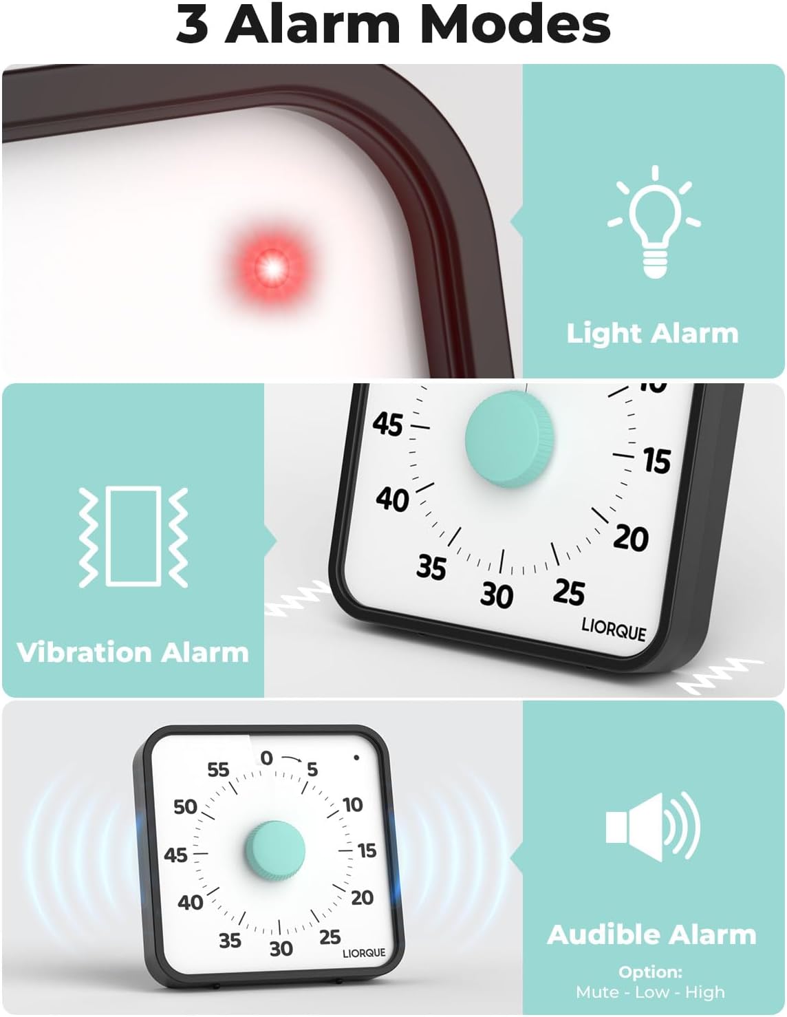 LIORQUE 7.5-Inch Large Visual Timer, 60-Minute Classroom Timer Magnetic | Non-Ticking, 3-level Volume, 3 Alarm Modes, Kids Countdown Timer for Classroom Kitchen Office ADHD, AA Batteries Included