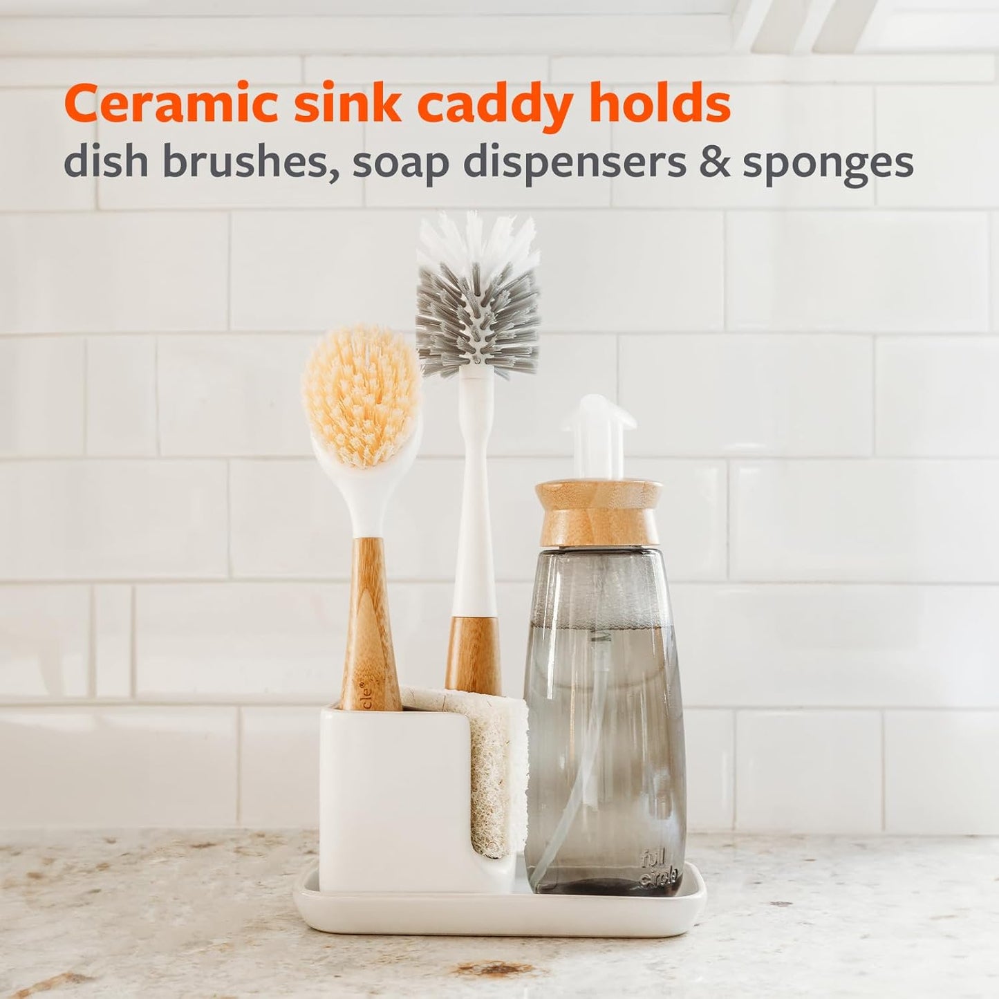 Stash, Ceramic Kitchen Sink Caddy, Stylish Sponge Holder & Dish Brush Organizer, Easy to Clean, Dishwasher Safe, Rustproof, White and Gray