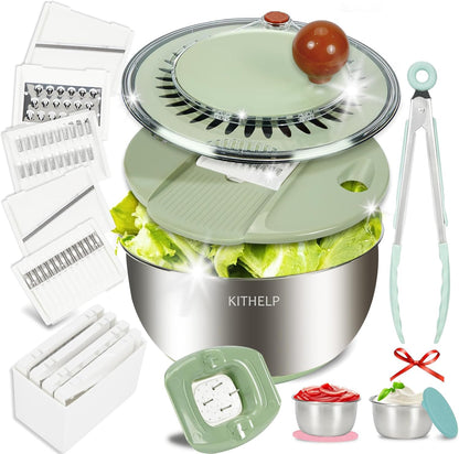 Stainless Steel Salad Spinner Large, Vegetables Fruits Wash Bowl with Strainer, Lettuce Spinner Dryer with 5 Blades Slicer, Egg Yolk Strainer, Shredder for Efficient Salad Preparation 5.3Qt