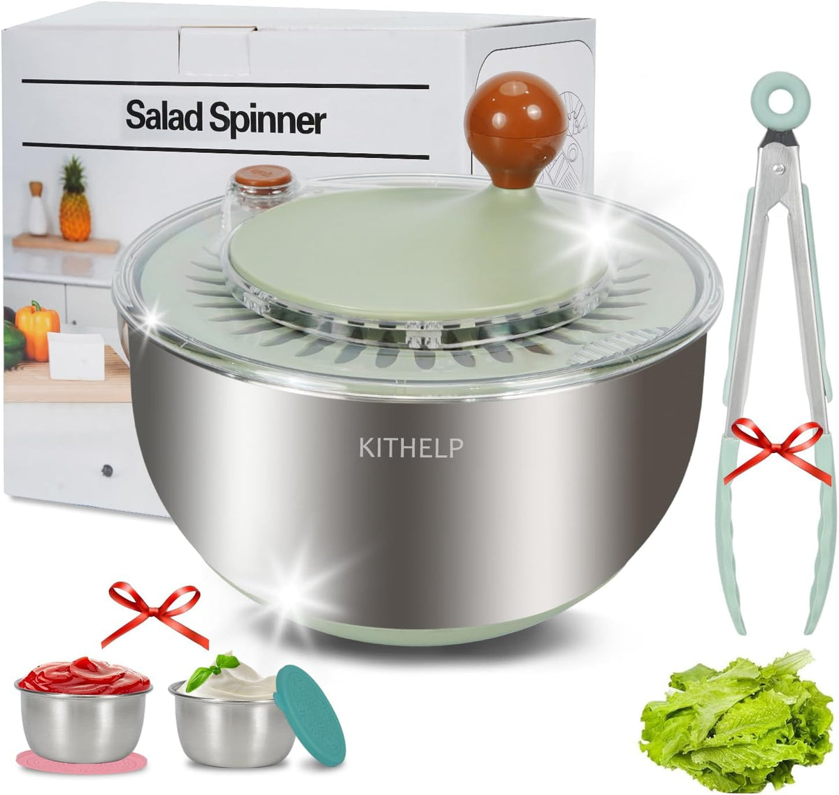 Stainless Steel Salad Spinner Large, Vegetables Fruits Wash Bowl with Strainer, Lettuce Spinner Dryer with 5 Blades Slicer, Egg Yolk Strainer, Shredder for Efficient Salad Preparation 5.3Qt