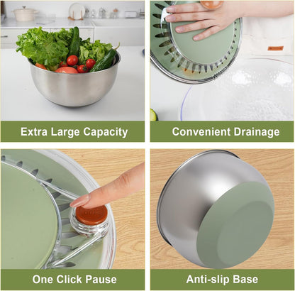 Stainless Steel Salad Spinner Large, Vegetables Fruits Wash Bowl with Strainer, Lettuce Spinner Dryer with 5 Blades Slicer, Egg Yolk Strainer, Shredder for Efficient Salad Preparation 5.3Qt