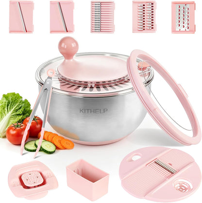 Stainless Steel Salad Spinner Large, Vegetables Fruits Wash Bowl with Strainer, Lettuce Spinner Dryer with 5 Blades Slicer, Egg Yolk Strainer, Shredder for Efficient Salad Preparation 5.3Qt