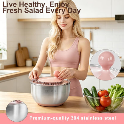 Stainless Steel Salad Spinner Large, Vegetables Fruits Wash Bowl with Strainer, Lettuce Spinner Dryer with 5 Blades Slicer, Egg Yolk Strainer, Shredder for Efficient Salad Preparation 5.3Qt