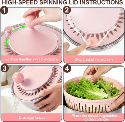 Stainless Steel Salad Spinner Large, Vegetables Fruits Wash Bowl with Strainer, Lettuce Spinner Dryer with 5 Blades Slicer, Egg Yolk Strainer, Shredder for Efficient Salad Preparation 5.3Qt