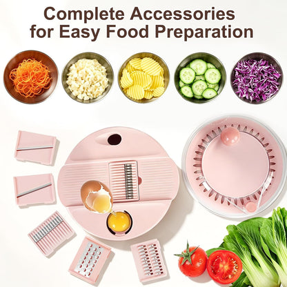 Stainless Steel Salad Spinner Large, Vegetables Fruits Wash Bowl with Strainer, Lettuce Spinner Dryer with 5 Blades Slicer, Egg Yolk Strainer, Shredder for Efficient Salad Preparation 5.3Qt