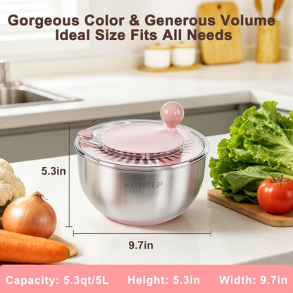 Stainless Steel Salad Spinner Large, Vegetables Fruits Wash Bowl with Strainer, Lettuce Spinner Dryer with 5 Blades Slicer, Egg Yolk Strainer, Shredder for Efficient Salad Preparation 5.3Qt