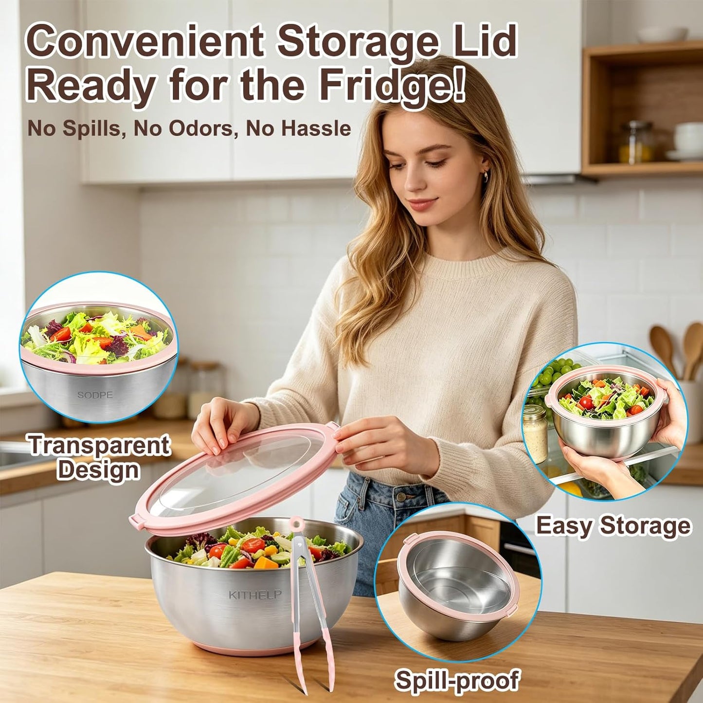 Stainless Steel Salad Spinner Large, Vegetables Fruits Wash Bowl with Strainer, Lettuce Spinner Dryer with 5 Blades Slicer, Egg Yolk Strainer, Shredder for Efficient Salad Preparation 5.3Qt