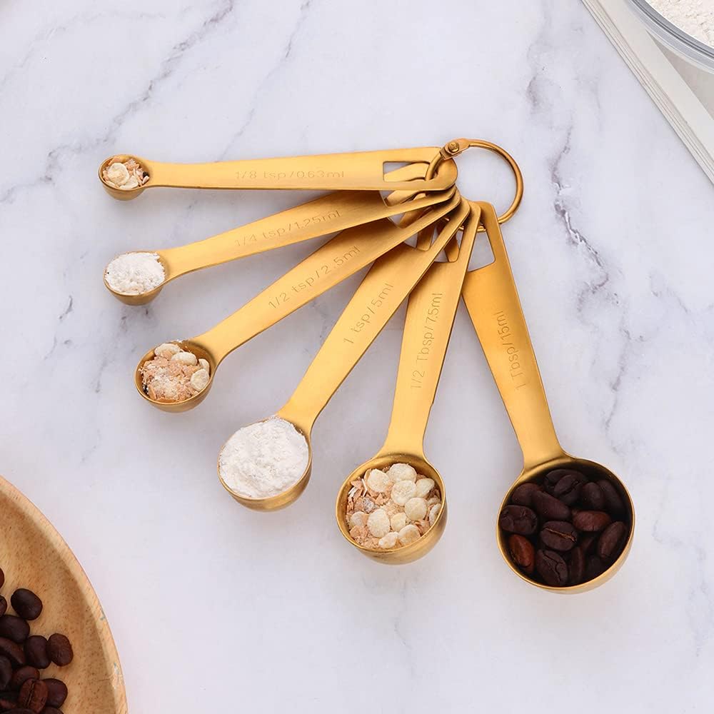 Set of 6 Measuring Spoons, Round Stainless Stee Spoon with Accurate Measurement Markings and Removable Clasp, Teaspoon Measure Spoons for Dry Liquid Ingredients (Gold)