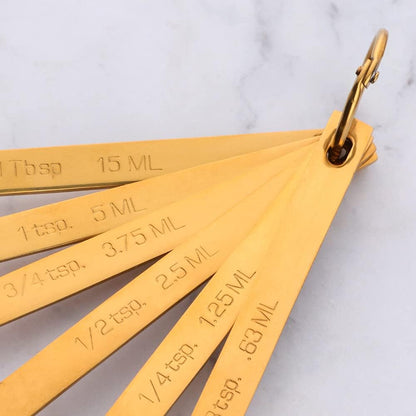Set of 6 Measuring Spoons, Round Stainless Stee Spoon with Accurate Measurement Markings and Removable Clasp, Teaspoon Measure Spoons for Dry Liquid Ingredients (Gold)