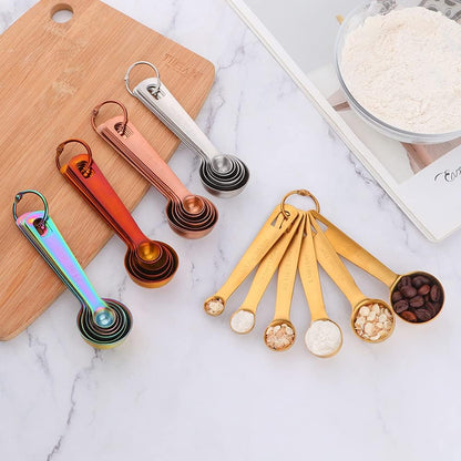 Set of 6 Measuring Spoons, Round Stainless Stee Spoon with Accurate Measurement Markings and Removable Clasp, Teaspoon Measure Spoons for Dry Liquid Ingredients (Gold)