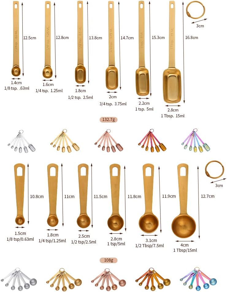 Set of 6 Measuring Spoons, Round Stainless Stee Spoon with Accurate Measurement Markings and Removable Clasp, Teaspoon Measure Spoons for Dry Liquid Ingredients (Gold)