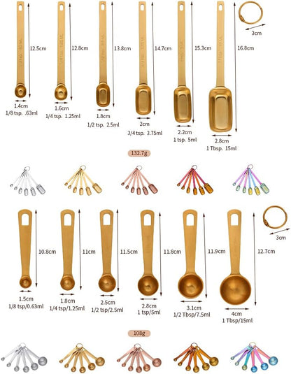 Set of 6 Measuring Spoons, Round Stainless Stee Spoon with Accurate Measurement Markings and Removable Clasp, Teaspoon Measure Spoons for Dry Liquid Ingredients (Gold)