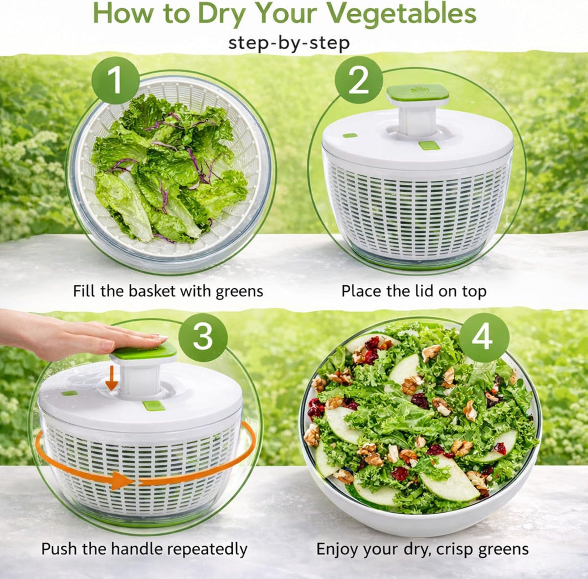 QuickPush Large Salad Spinner, 6.3-Quart Family Size, Manual One-Handed Pump & Brake, BPA-Free Lettuce Spinner, Vegetable Washer Dryer Strainer, Collapsible Handle, Clear Serving Bowl