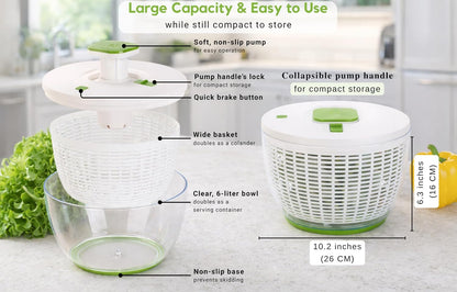 QuickPush Large Salad Spinner, 6.3-Quart Family Size, Manual One-Handed Pump & Brake, BPA-Free Lettuce Spinner, Vegetable Washer Dryer Strainer, Collapsible Handle, Clear Serving Bowl