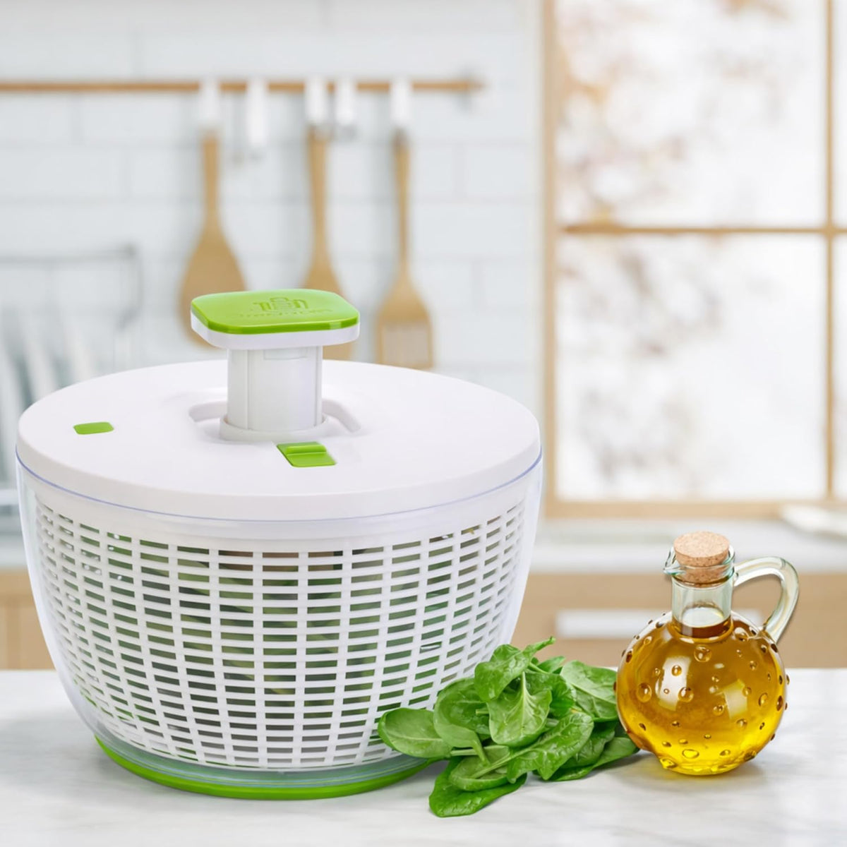 QuickPush Large Salad Spinner, 6.3-Quart Family Size, Manual One-Handed Pump & Brake, BPA-Free Lettuce Spinner, Vegetable Washer Dryer Strainer, Collapsible Handle, Clear Serving Bowl