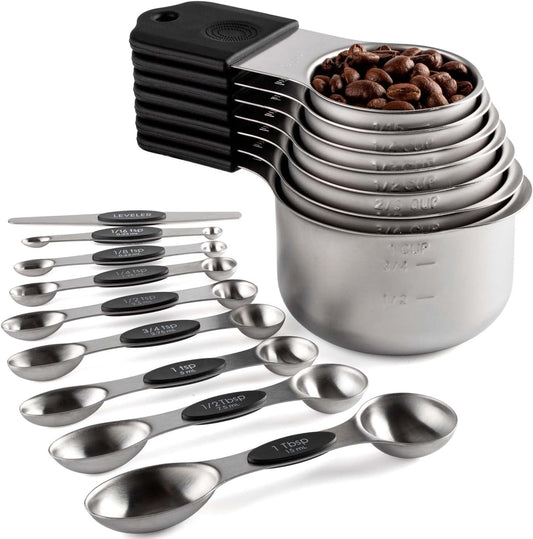Magnetic Measuring Cups and Spoons Set Stainless Steel Measuring Cup&Spoon | 7 Stackable Measuring Cup 8 Double Sided Magnetic Measuring Spoons with 1 Leveler for Dry and Liquid Ingredients (black)