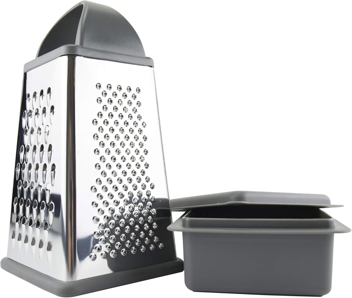 Box Grater with Storage Bin Stainless Steel 4 Sided Cheese Shredder for Shredding Slicing Vegetables Ginger Parmesan, Easy to Clean Dishwasher Safe Box Grater with Bowl & Lid, Charcoal Gray