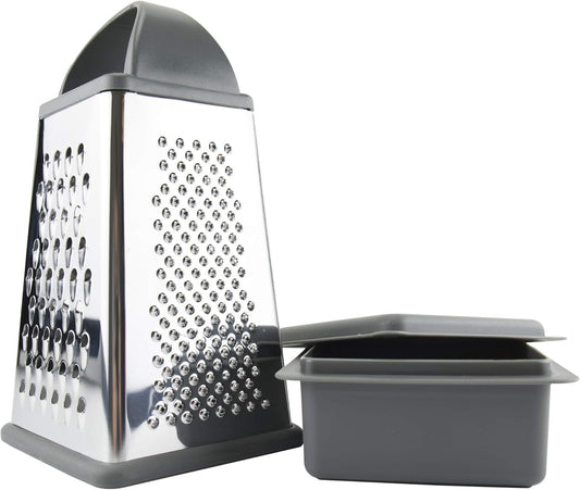 Box Grater with Storage Bin Stainless Steel 4 Sided Cheese Shredder for Shredding Slicing Vegetables Ginger Parmesan, Easy to Clean Dishwasher Safe Box Grater with Bowl & Lid, Charcoal Gray