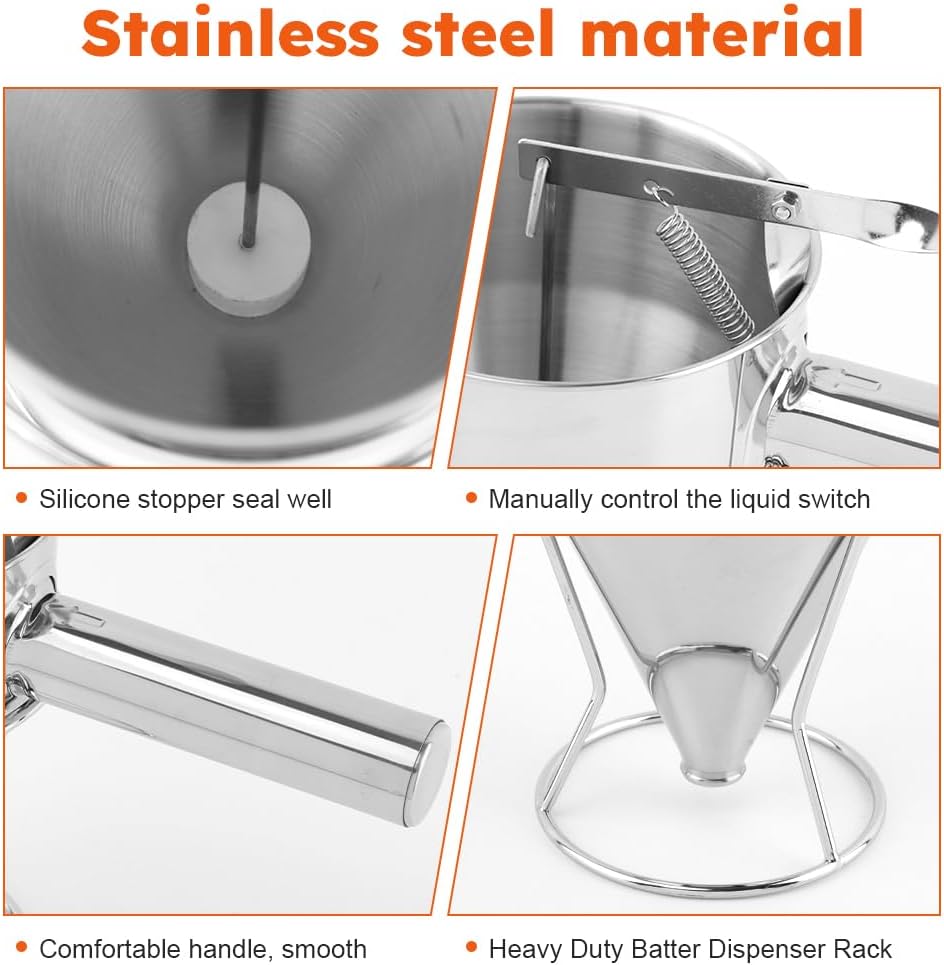 Stainless Steel Pancake Batter Dispenser with Squeeze Handle and Multi-Nozzle, Funnel Cake Dispenser with Stand, Baking Tool for Pancakes, Cupcakes, Funnel Cakes, Muffins(Size:S,600ml / 21 oz)