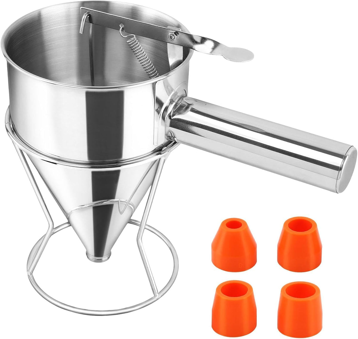 Stainless Steel Pancake Batter Dispenser with Squeeze Handle and Multi-Nozzle, Funnel Cake Dispenser with Stand, Baking Tool for Pancakes, Cupcakes, Funnel Cakes, Muffins(Size:S,600ml / 21 oz)