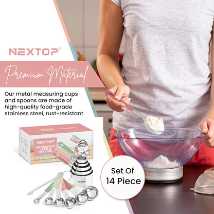 14-Piece Stainless Steel Measuring Cups and Measuring Spoons Set with All Stackable Sizes and Leveler for Dry Ingredients, Complete Set for Kitchen & Baking Measuring Tools (Aqua Sky Blue Set)