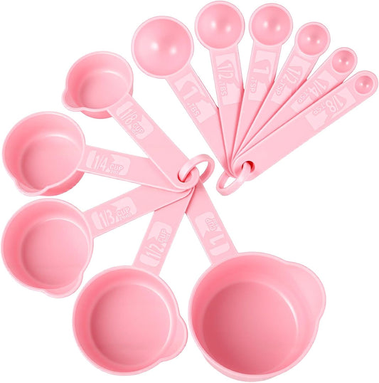 11pcs Measuring Cups and Spoons Set, Nesting Measure Cups with Ring and Easy Read Markings Small Teaspoon with Plastic Head for Dry & Liquid Ingredients, Pink