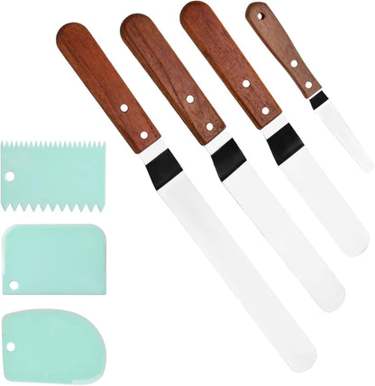4 Packs Offset Spatula, Stainless Steel Cakes Icing Spatula Set 4" 6" 8" 10" with Wooden Handle and 3 Packs Cake Smoother Scraper Set for Cake Decorating, Baking (Angled)