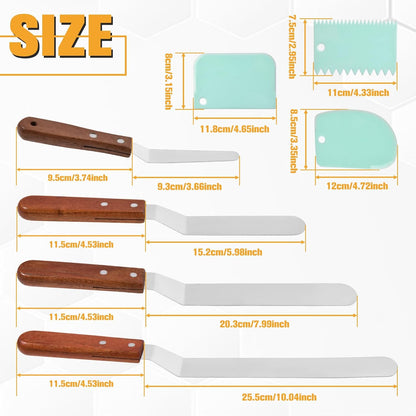 4 Packs Offset Spatula, Stainless Steel Cakes Icing Spatula Set 4" 6" 8" 10" with Wooden Handle and 3 Packs Cake Smoother Scraper Set for Cake Decorating, Baking (Angled)