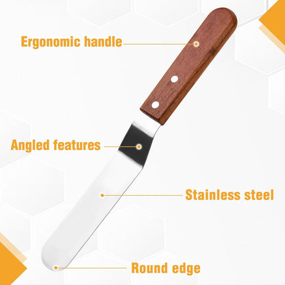 4 Packs Offset Spatula, Stainless Steel Cakes Icing Spatula Set 4" 6" 8" 10" with Wooden Handle and 3 Packs Cake Smoother Scraper Set for Cake Decorating, Baking (Angled)