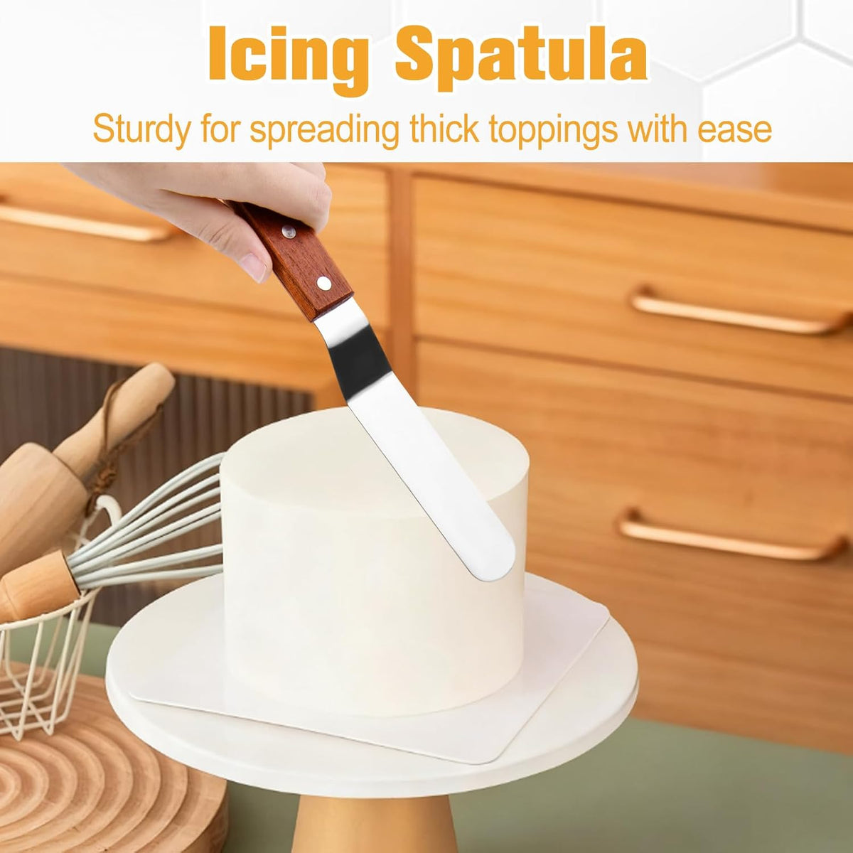 4 Packs Offset Spatula, Stainless Steel Cakes Icing Spatula Set 4" 6" 8" 10" with Wooden Handle and 3 Packs Cake Smoother Scraper Set for Cake Decorating, Baking (Angled)