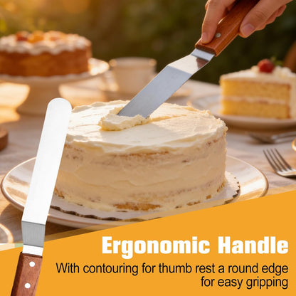 4 Packs Offset Spatula, Stainless Steel Cakes Icing Spatula Set 4" 6" 8" 10" with Wooden Handle and 3 Packs Cake Smoother Scraper Set for Cake Decorating, Baking (Angled)