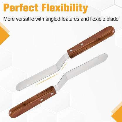 4 Packs Offset Spatula, Stainless Steel Cakes Icing Spatula Set 4" 6" 8" 10" with Wooden Handle and 3 Packs Cake Smoother Scraper Set for Cake Decorating, Baking (Angled)