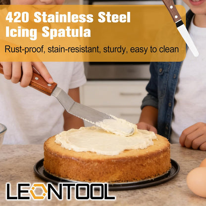 4 Packs Offset Spatula, Stainless Steel Cakes Icing Spatula Set 4" 6" 8" 10" with Wooden Handle and 3 Packs Cake Smoother Scraper Set for Cake Decorating, Baking (Angled)