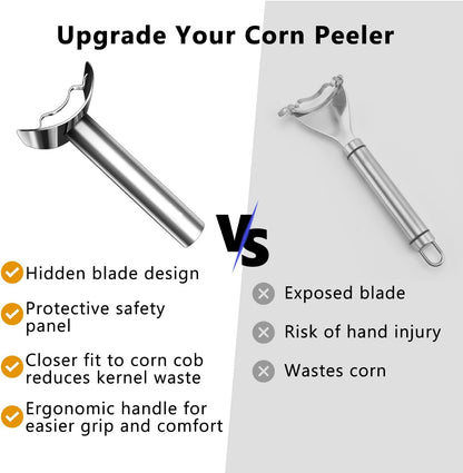 Safe Corn Peeler with Hidden Blade for Corn on the Cob, Stainless Steel Corn Stripper Tool, Easily Removes Kernels, No Knife Needed