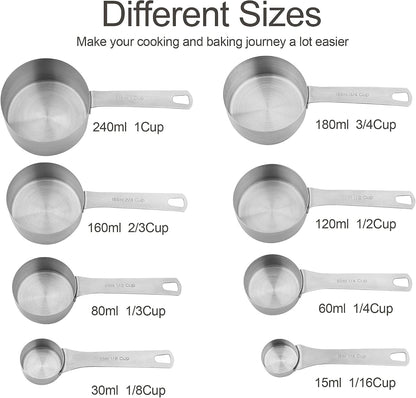 Measuring Cups and Spoons Set, 18/8 Stainless Steel Measuring Cups and Spoons for Kitchen & Baking, Heavy Duty Metric & US 8 Measuring cups, 9 Measuring Spoons Set