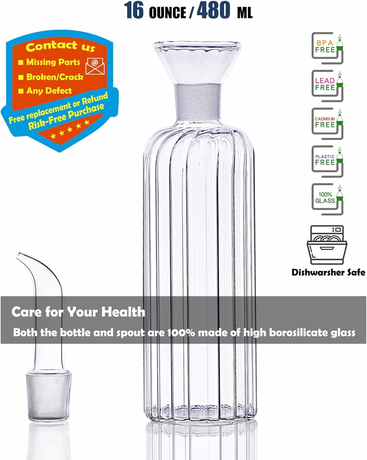 16 oz/480ml Non-Drip Olive Oil Dispenser Bottle 100% Glass Oil Carafe Decanter for Kitchen Oil & Vinegar Cruet for Cooking & BBQ