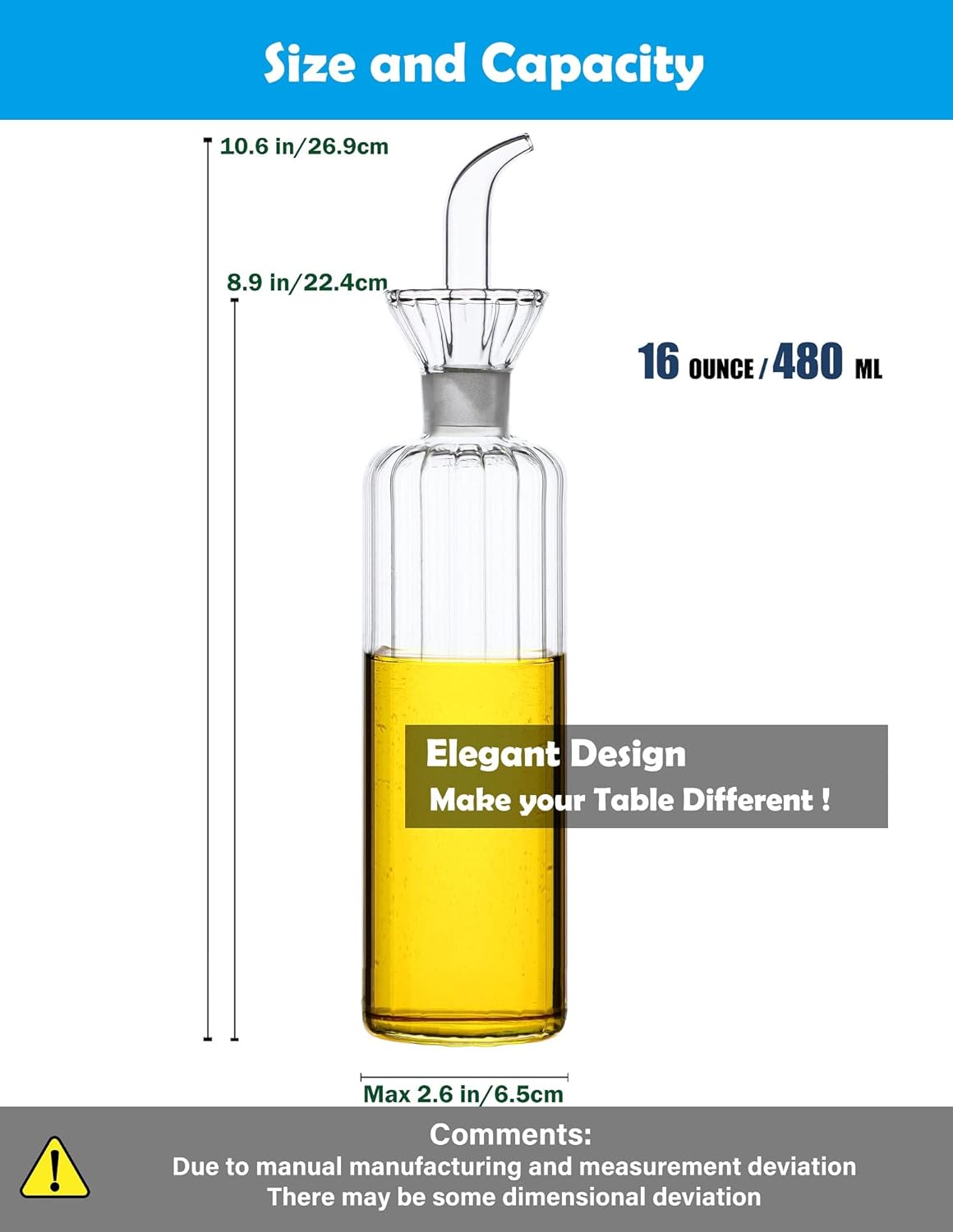 16 oz/480ml Non-Drip Olive Oil Dispenser Bottle 100% Glass Oil Carafe Decanter for Kitchen Oil & Vinegar Cruet for Cooking & BBQ