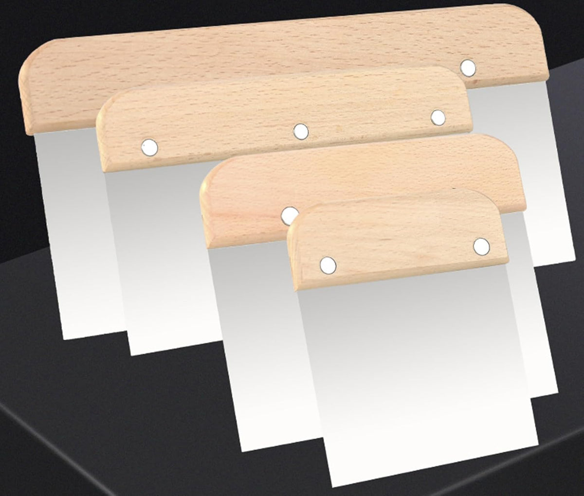 4pc wooden handle stainless steel Bench dough scraper set size 4 "6" 8 "10", baking scraper, cutting tool, scraper putty knife