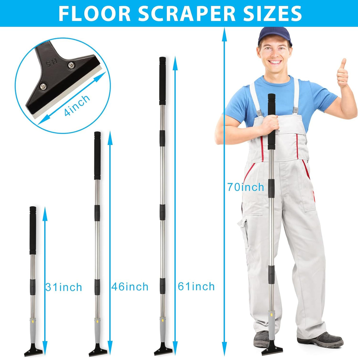 Floor Scraper, 31" to 61" Scraper Tool Long Handle with 4-inch Razor Blade Stainless Steel Material Adjustable Cleaning Glass Wall Gum Paint Tile Glue Linoleum Carpet Sturdy Durable